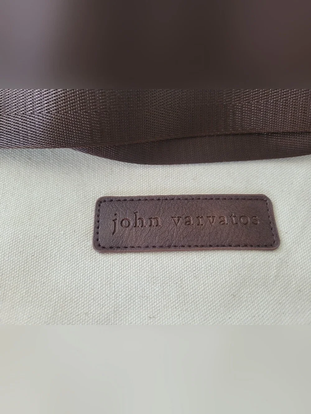 John Varvatos Cream/Brown Canvas Shoulder Strap And Carry Bag 13.5